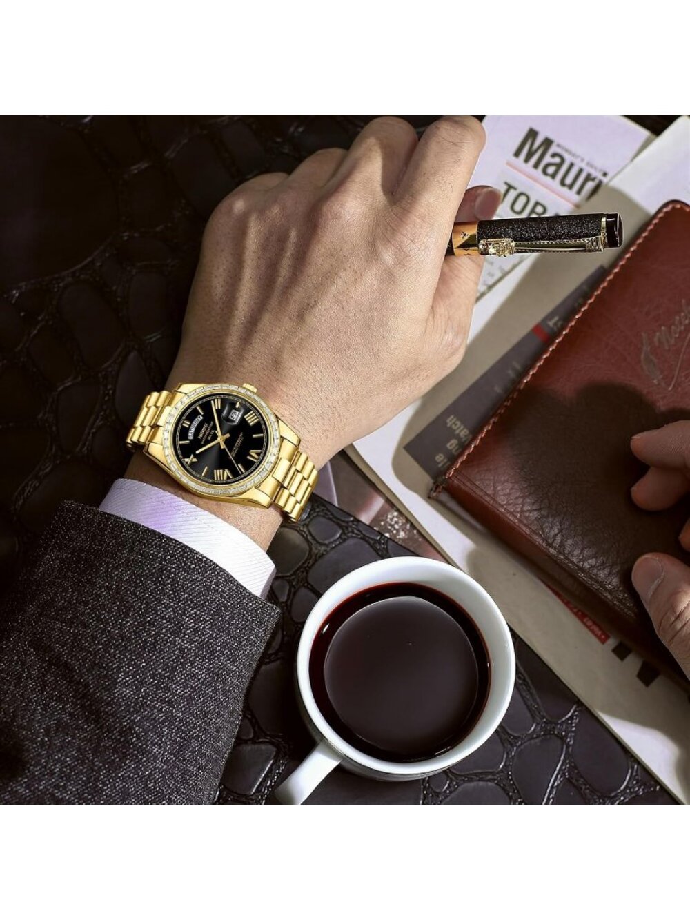 Nibosi Men's Gold Black Analog Quartz Diamond Bezel Stainless Waterproof Watch - Picture 5 of 6